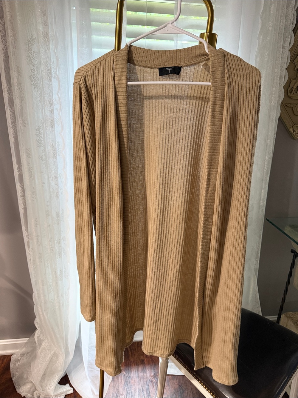 Tahari Ribbed Open-Front Cardigan in Tan